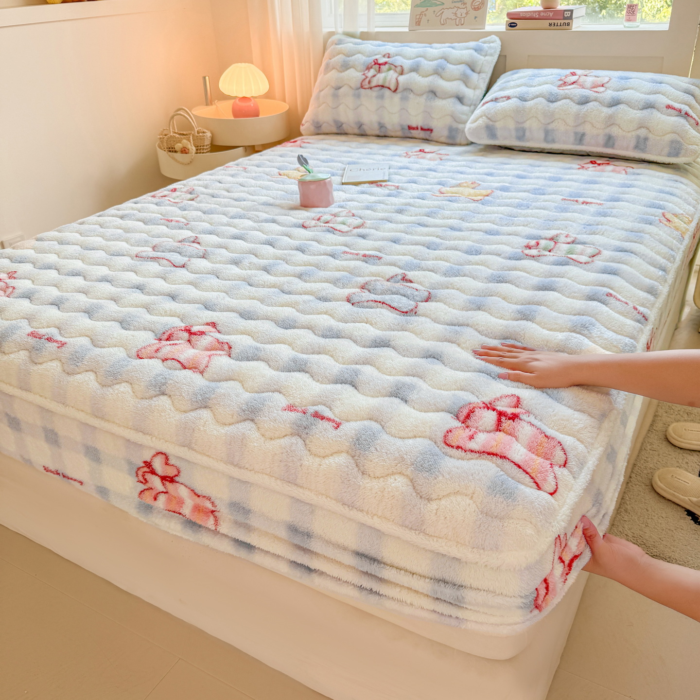 A类冬季牛奶绒夹棉床笠床罩床单