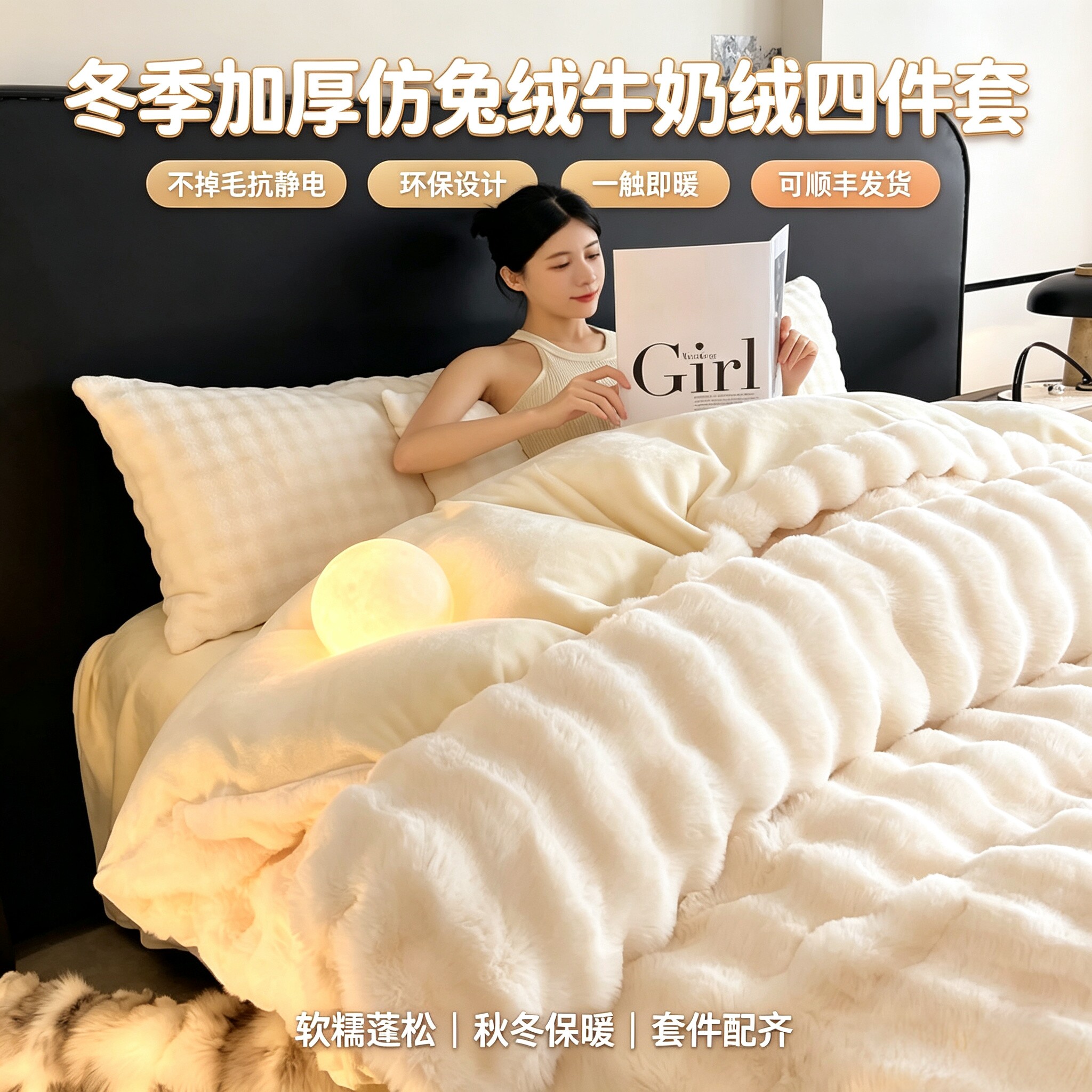 冬季仿兔绒牛奶绒四件套加厚保暖珊瑚绒法兰绒被套床单双面绒床品