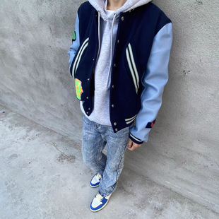 正确版荔枝纹黑木KiKo皮袖拼接蓝袖棒球服外套男春vibe羊毛呢夹克