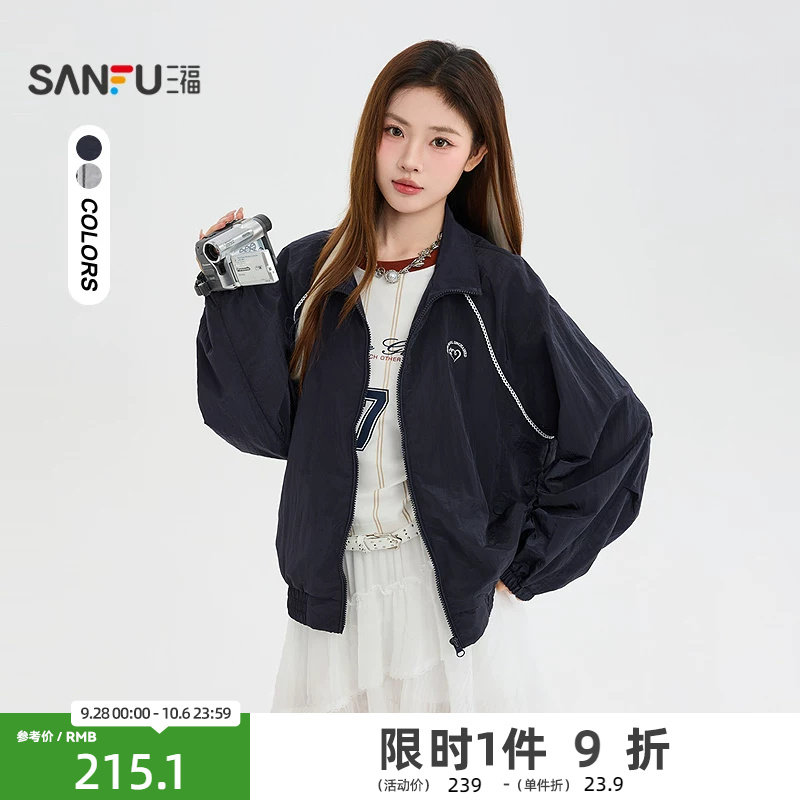 三福单外套2026秋季杠条花边刺绣插肩袖翻领风衣女装862241