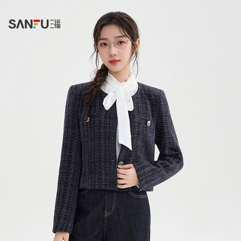 三福单外套2025秋季小香风纽扣假口袋短款圆领上衣女装511174