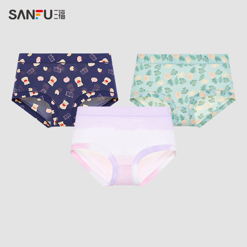 三福 女中腰包臀内裤 清新满版印花轻薄纯棉底裆半平角裤473254