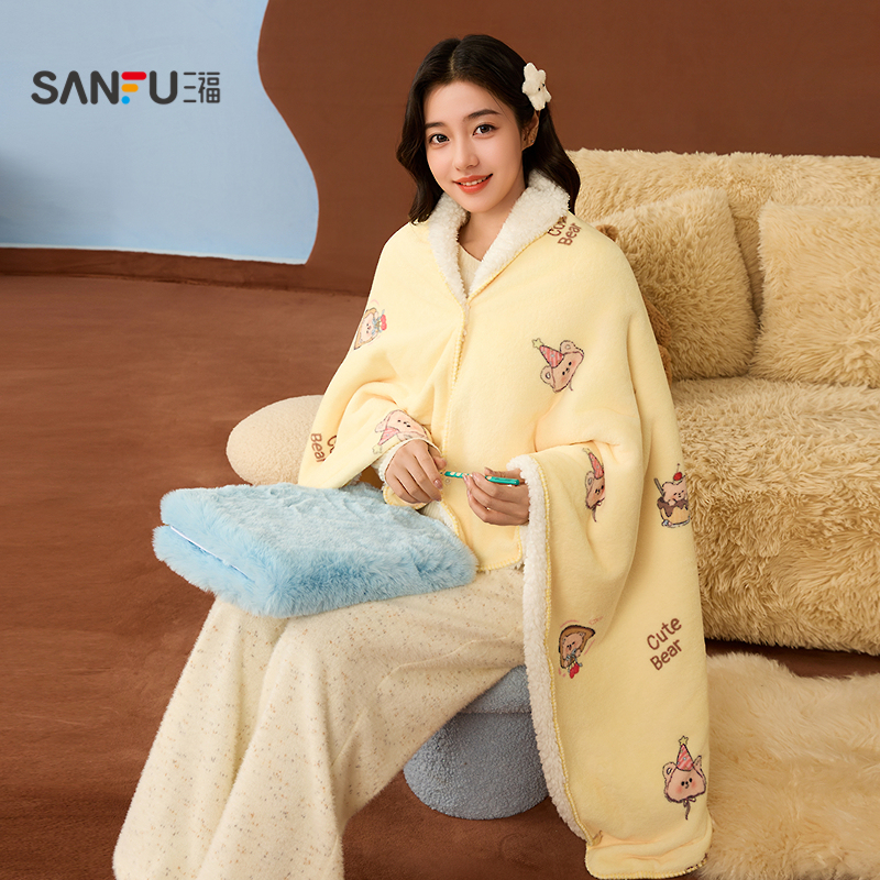 三福女冬季卡通毛绒毛毯 趣味柔软细腻盖毯披肩家居毯子511407