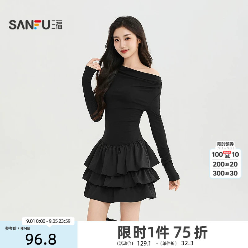 三福连衣裙2026秋季收腰A摆蛋糕半裙时尚短款裙子女装528800图片