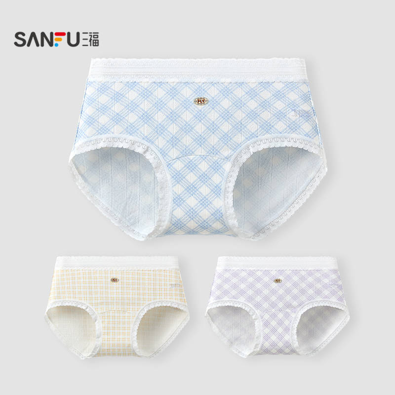三福 女中腰包臀内裤 清新简约格纹柔软舒适透气三角裤513435
