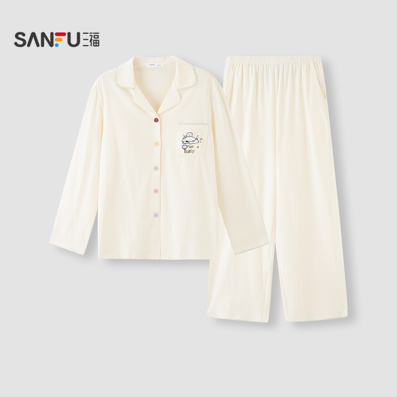 三福女春季素色排扣带杯睡衣套装 趣味动物图案宽松家居服514853
