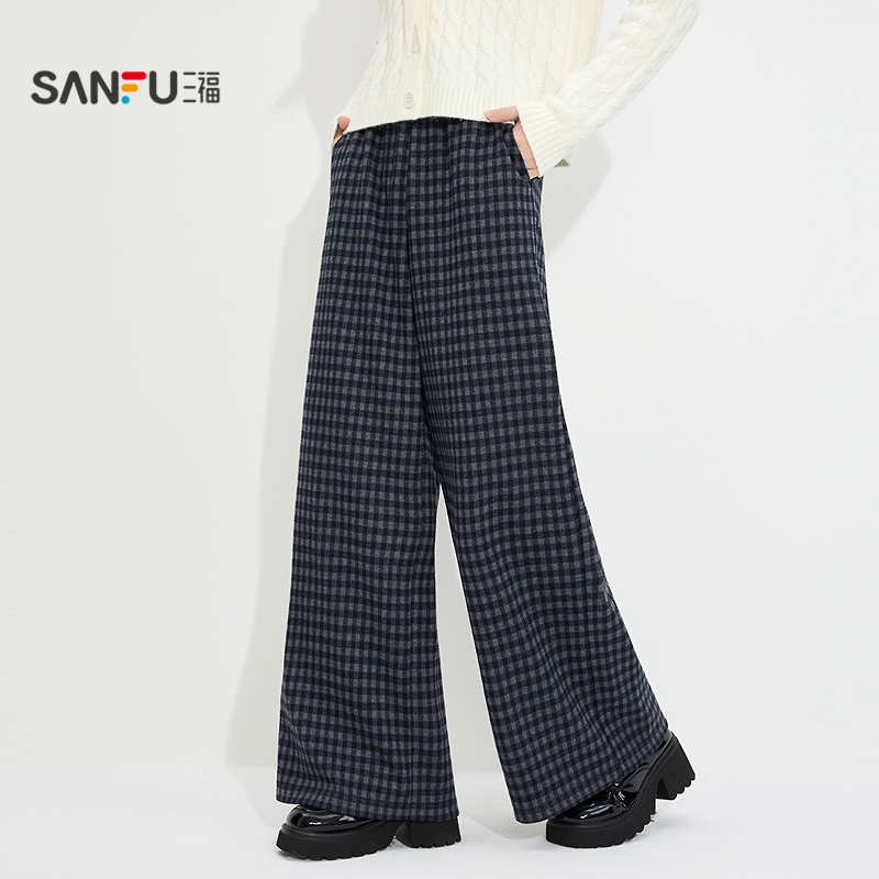 三福女冬季复古条纹格纹单裤 简约慵懒宽松睡裤长裤513388