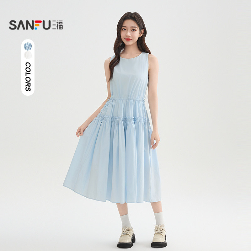 三福连衣裙2026夏季抽绳收腰绑带木耳花边裙摆裙子女装520242