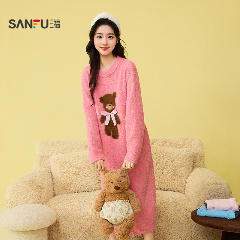 三福女冬季半边绒卡通动物睡裙 甜美宽松套头长裙家居服507918
