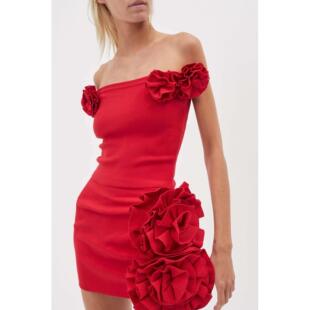 速卖通跨境欧美女装新款气质一字肩花朵红色性感紧身吊带上衣女