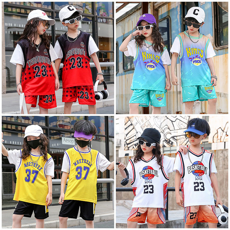 夏季新款儿童篮球服男套装户外运动训练球衣女速干假两件t恤短裤