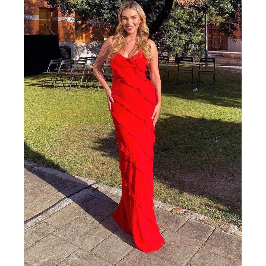 欧美春夏性感露背吊带U领漏肩波浪修身侧边开衩连衣裙长裙