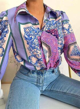 速卖通 ebay 2022欧美女装新款夏季跨境独立站蓝色佩斯利印花衬衫