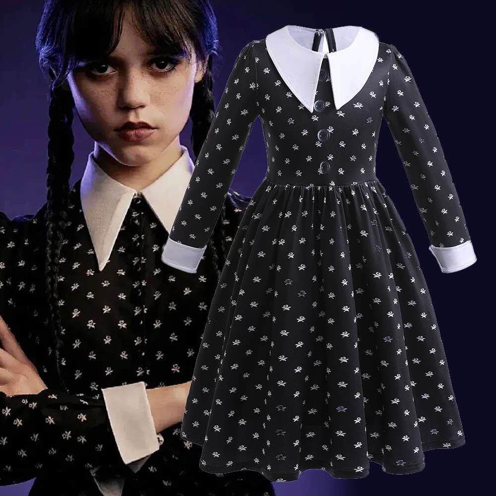万圣节cosplay服装星期三亚当斯黑色连衣裙亚当斯一家cos服印花裙