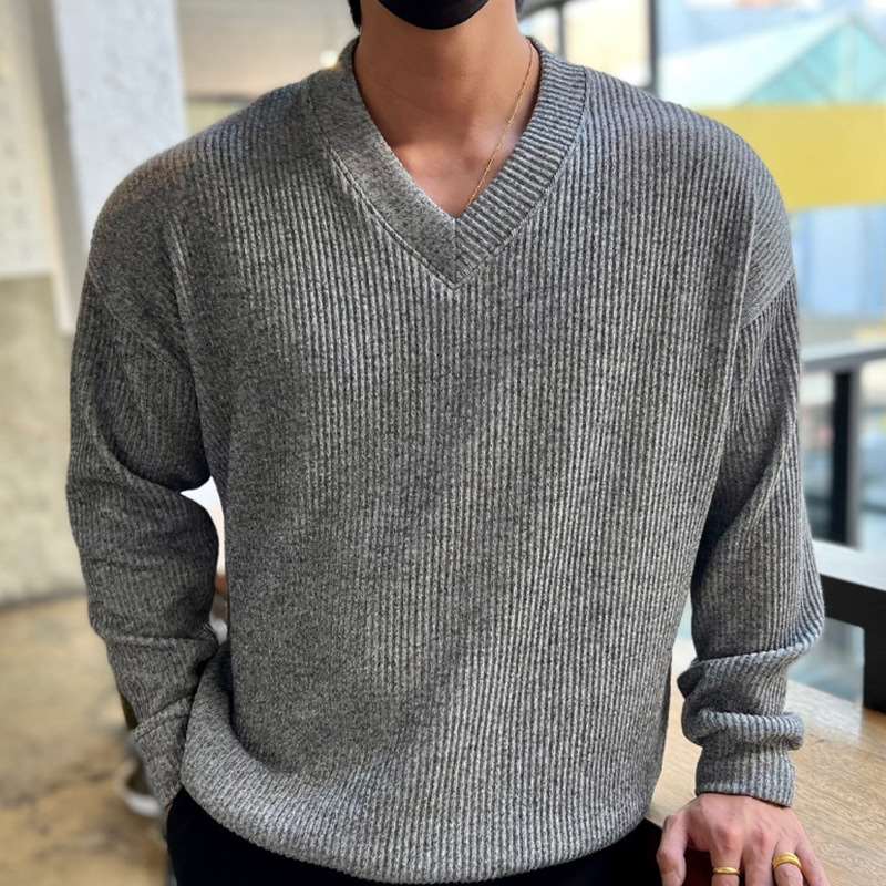 2023男士V领韩版潮流秋冬宽松纯色针织打底衫慵懒长袖外穿休闲衣