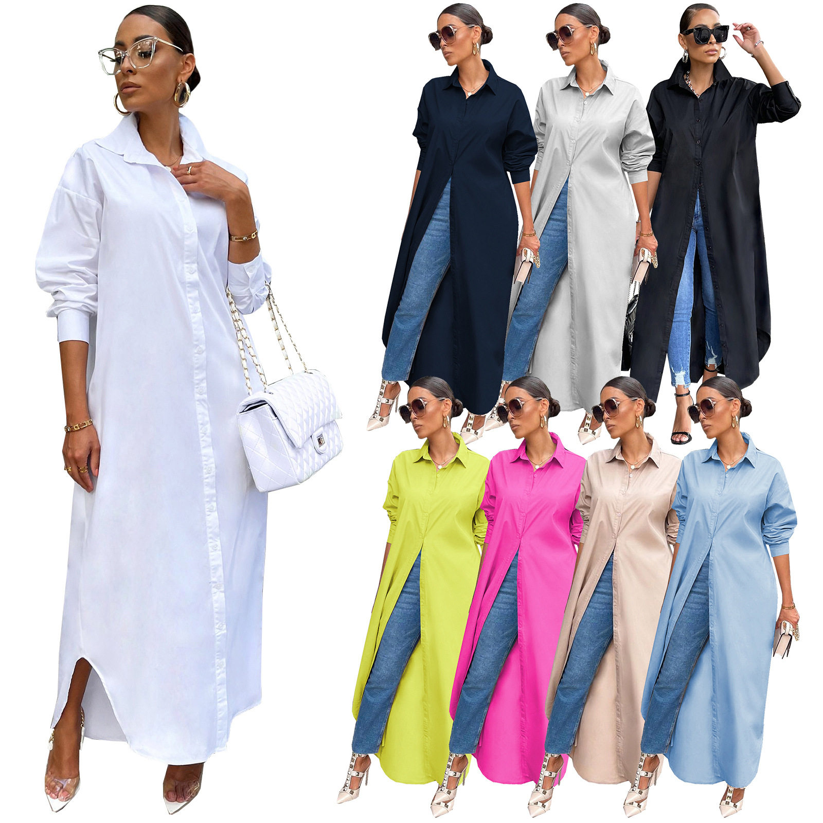 2026 women clothes10077 欧美女装秋冬新款时尚休闲纯色长衫外套