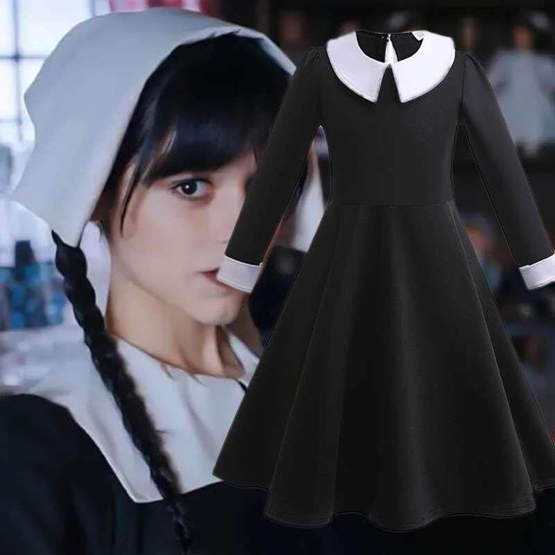 新款儿童长袖裙亚当斯一家人cosplay 女童翻领长款连衣裙