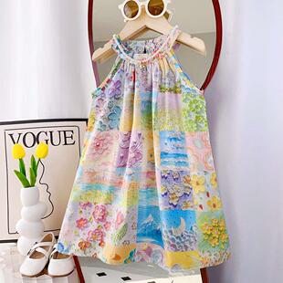 儿童吊带连衣裙夏季女童韩版油画风挂脖背心裙网红东南亚度假裙
