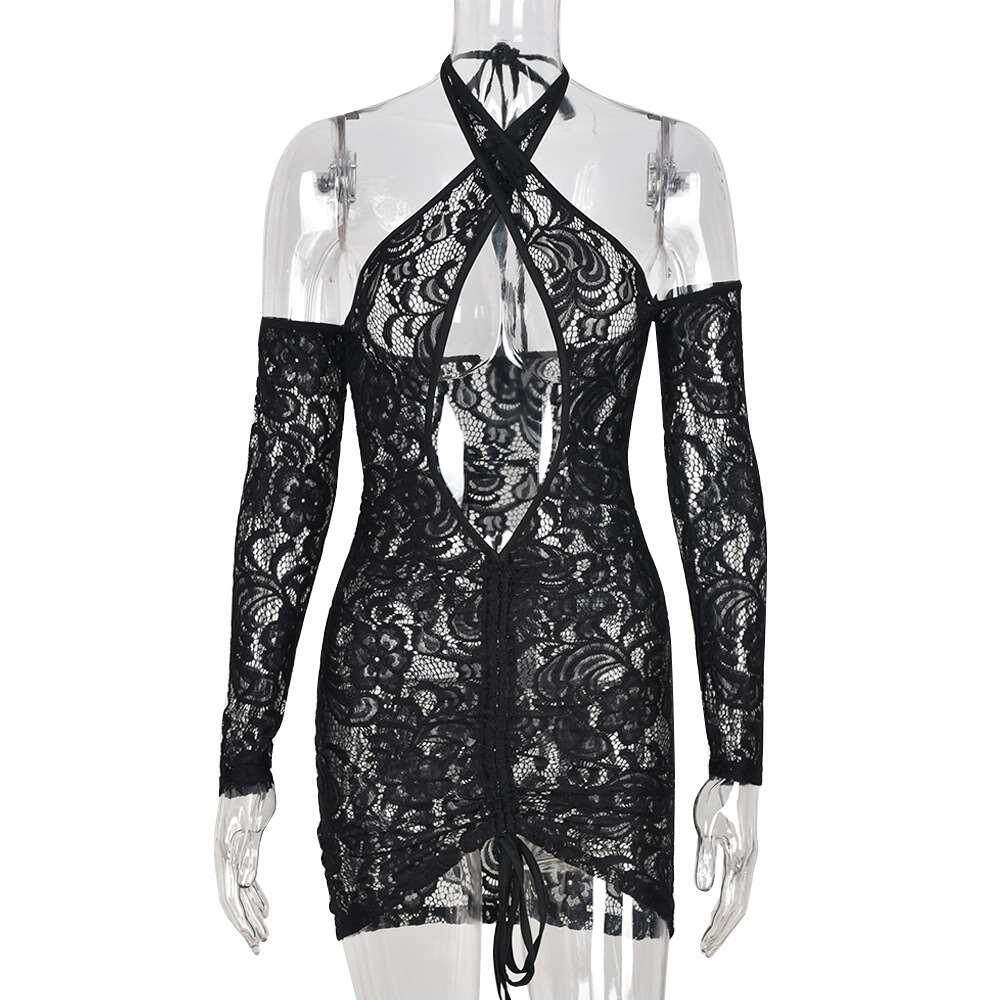 速卖通欧美外贸2022新款女装蕾丝镂空露腰透视抽绳长袖情趣连衣裙