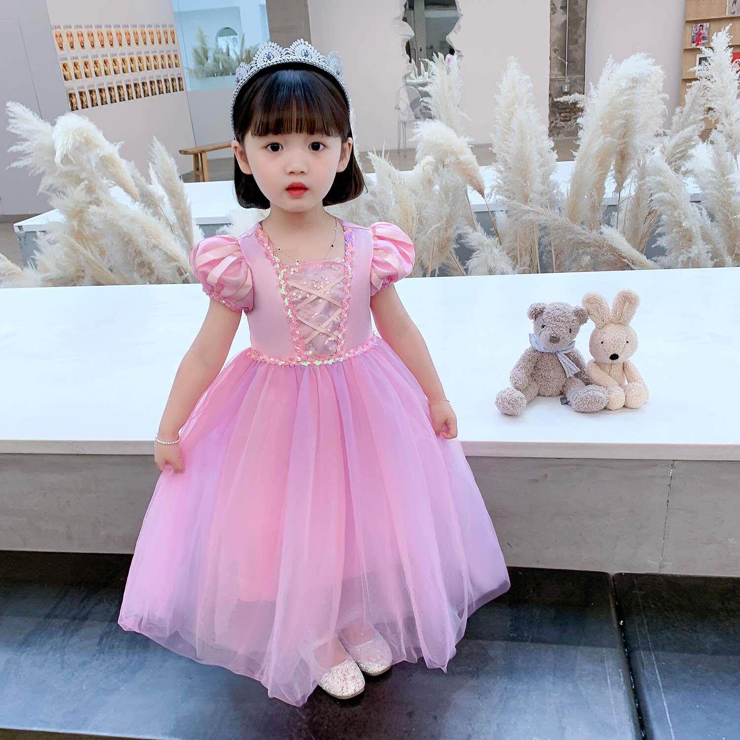 2021长发公主短袖连衣裙女童生日礼服花童蓬蓬网纱裙粉紫丝裙礼服