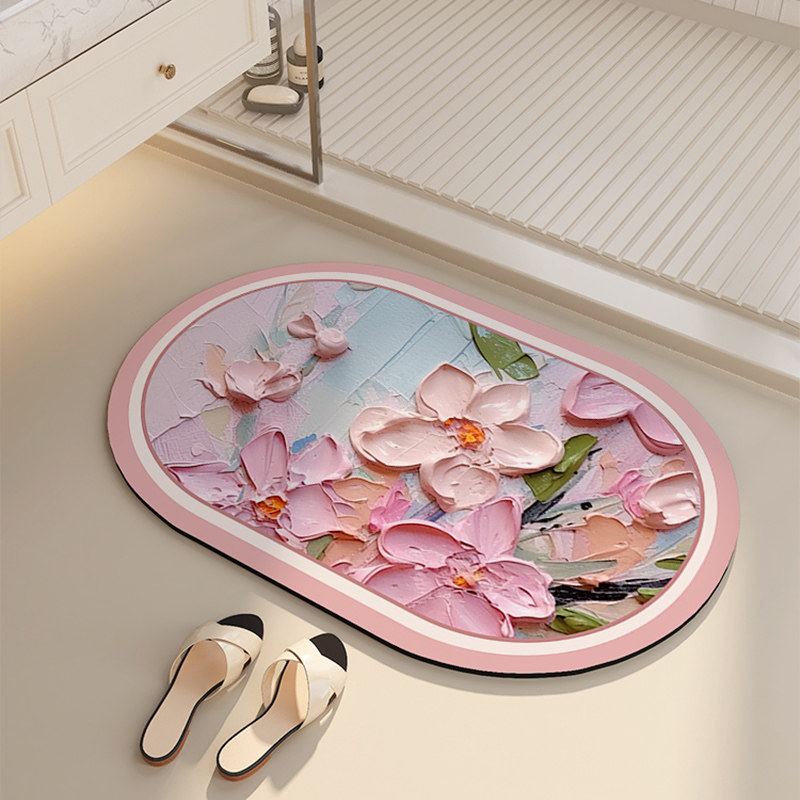 油画 画风浴室地垫田园3D立体矽藻泥椭圆吸水速干 干厕所化妆室防