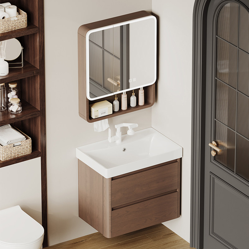 胡桃木小户型蜂窝铝浴室柜组合中古风陶瓷一体洗手洗脸盆柜洗漱台