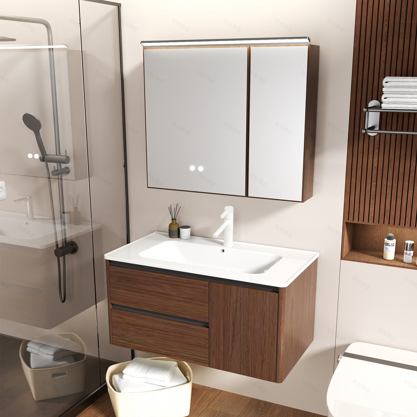 中古风胡桃木蜂窝铝浴室柜组合带抽屉陶瓷一体洗手洗脸盆柜洗漱台