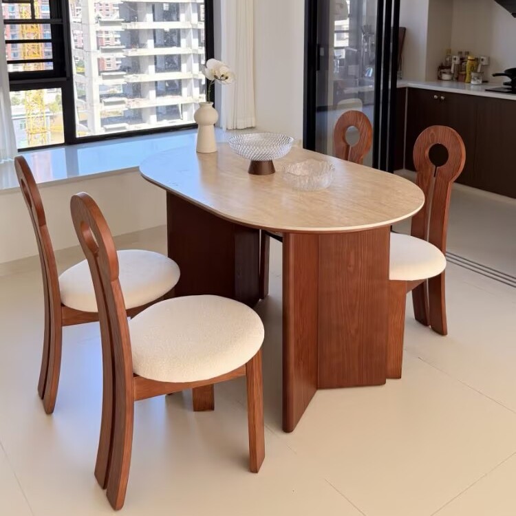 法式复古洞石岩板餐桌椅组合