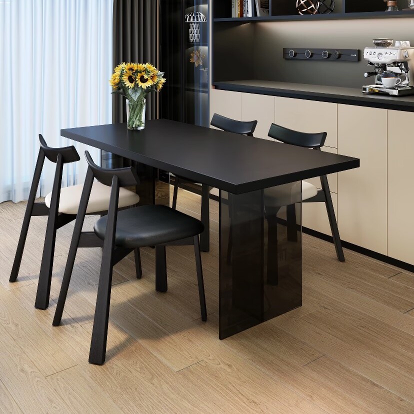 现代简约轻奢纯黑岩板餐桌悬浮亚克力长方形小户型极简家用饭桌椅