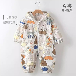 宝宝罩衣纯棉春秋冬季婴儿爬行爬服防水防脏外出穿男女儿童连体衣