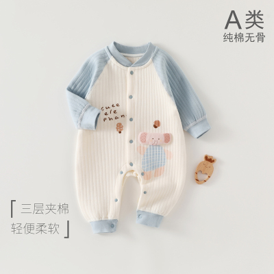 婴儿保暖连体衣秋冬季三层夹棉加薄棉内衣服幼小月龄男女宝宝冬装