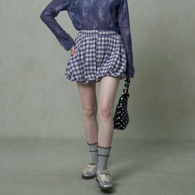 星山袋格纹花苞半裙伞裙裙裤