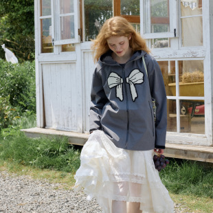 90白鸭绒派克服保暖御寒 蝴蝶结灰色连帽冲锋衣羽绒服 星山袋 法式