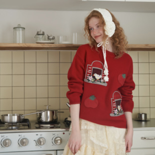 星山袋 原创新年红色毛衣 100%羊毛蕃茄红套头针织衫保暖圆领女士