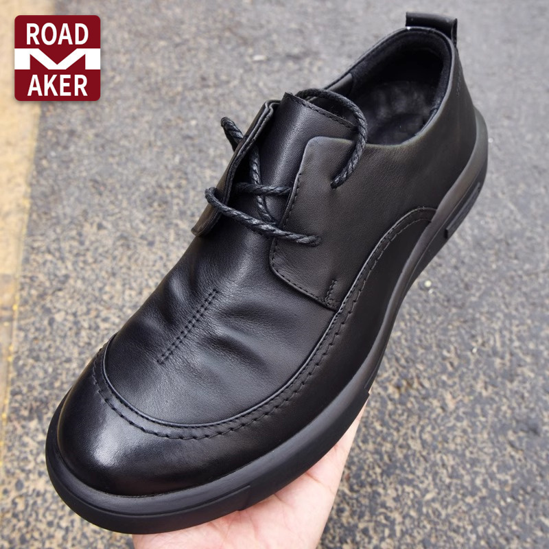 罗德梅科头层软牛皮2025秋系带百搭商务休闲真皮圆头透气软底皮鞋