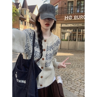 毛衣宽松百搭外套 费尔岛提花圆领软糯针织开衫 实拍实价 秋冬韩版