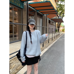 上衣 慵懒宽松卷边插肩圆领内搭毛衣针织打底衫 实拍实价 秋冬韩版
