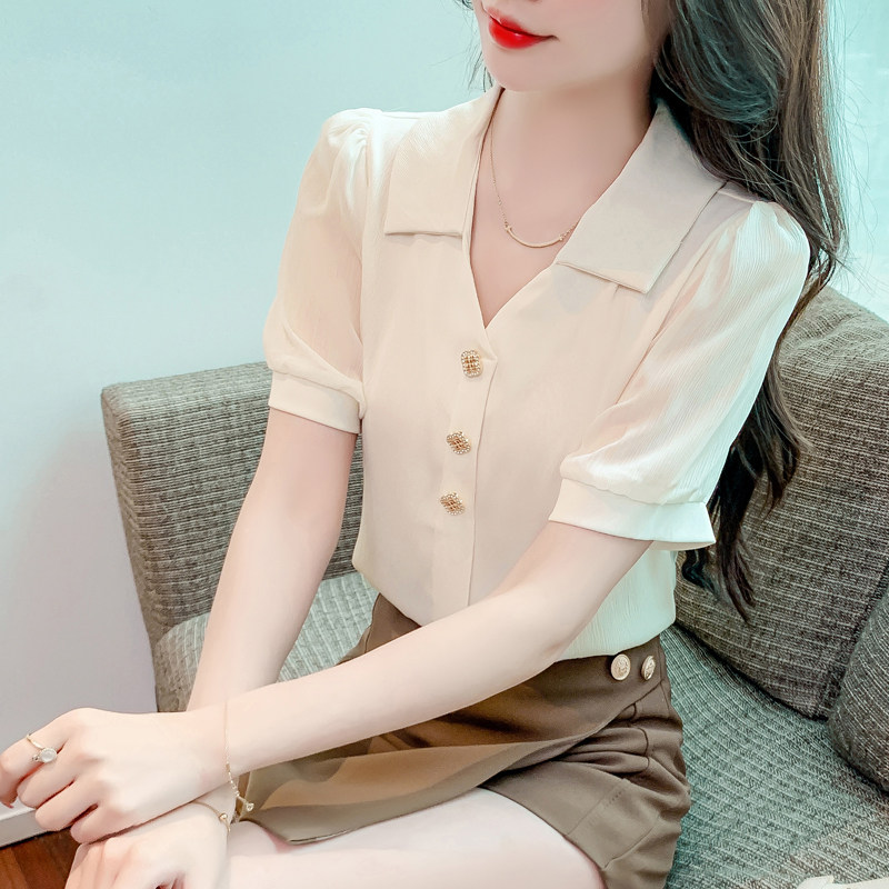 短袖雪纺纯色衬衫女2023新款夏季百搭V领时尚减龄小衫洋气上衣潮