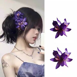 韵味紫色花朵发夹仿真蕙兰花头饰发卡子头花发饰海边度假拍照神器
