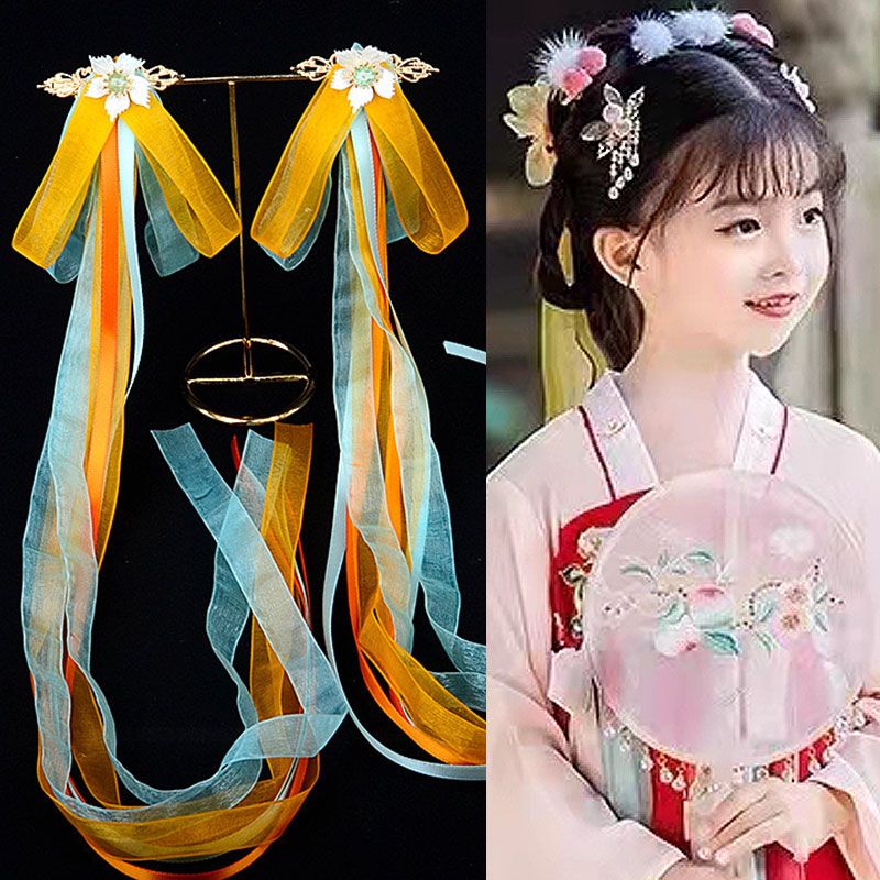 飘带发夹古风头饰儿童汉服超仙绢花蝴蝶发饰敦煌飞天配饰对夹饰品