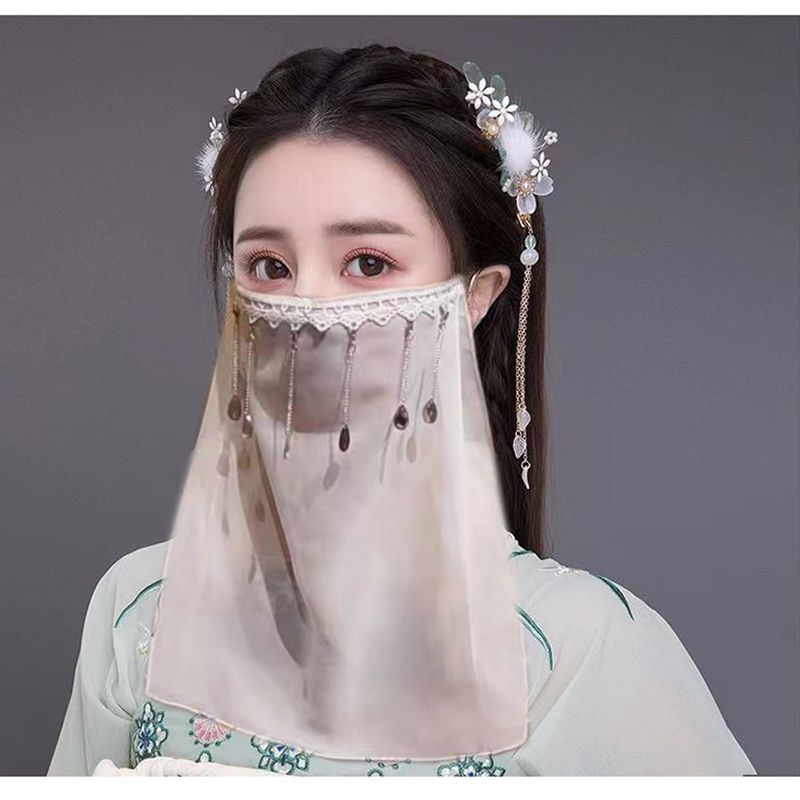 汉服面纱古风挂耳流苏遮面帘网红舞蹈遮夏季少女古装配饰遮脸超仙