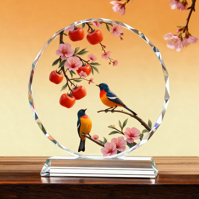 双喜临门水晶摆件柿子喜鹊高档装饰桌面摆台家居乔迁礼物定制摆台