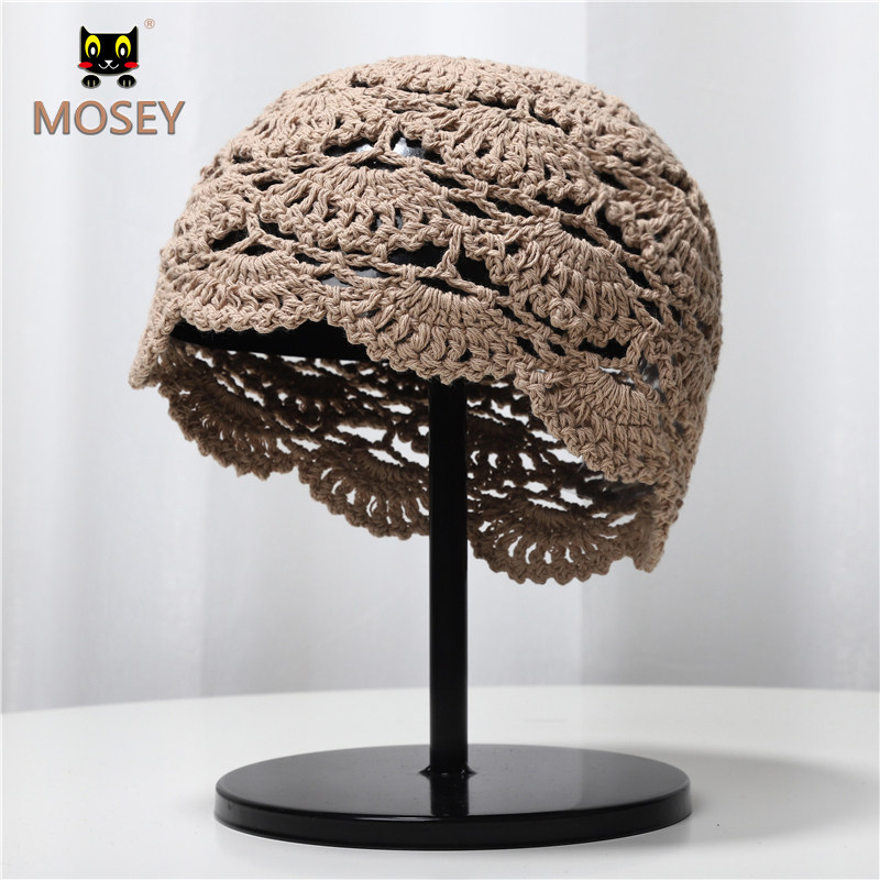 手工编织钩花波浪边棉麻包头针织帽透气文艺镂空折叠旅游帽子女士