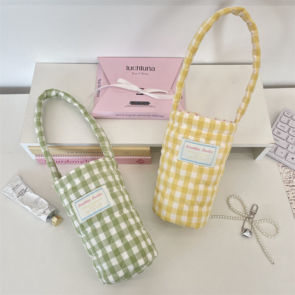 57141 布艺夹棉格子杯套手提拎包水杯袋防烫柔软外出饮料杯袋,餐饮具,杯套,淘宝优惠券,粉丝福利购,淘宝优惠卷