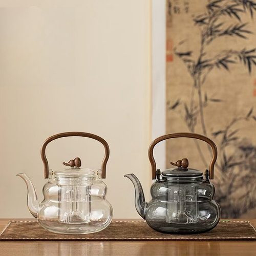 围炉煮茶壶  高硼硅玻璃烟灰木把提梁壶耐高温玻璃蒸煮一体泡茶壶