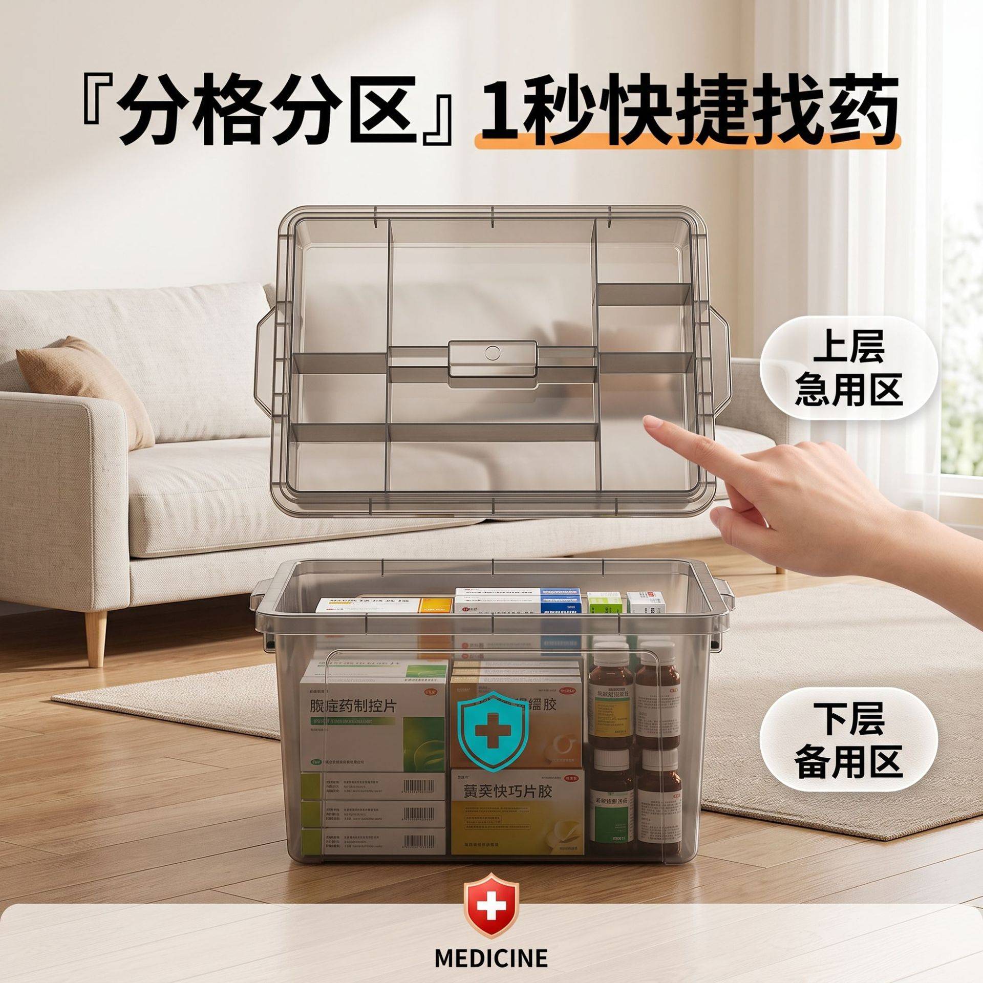 透明居家日用手提药箱大容量急救医品口罩收纳盒子塑料多层储物箱