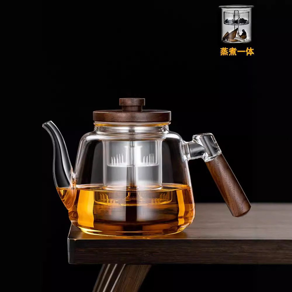高硼硅透明玻璃煮茶壶 木盖侧把壶耐高温大容量 围炉煮茶家用茶具