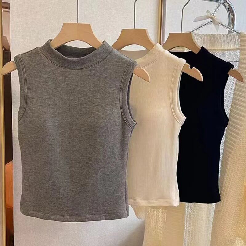 磨毛半高领一体带胸垫背心外穿打底内搭无袖加绒保暖内衣