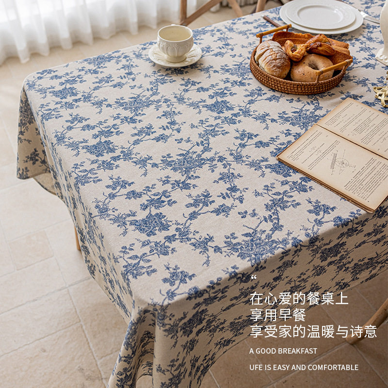 棉麻北欧风蓝色碎花桌布