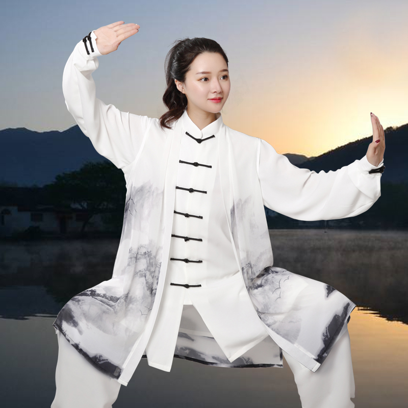现货速发新品春秋款太极服中长款水墨画三件套练功服男武术表演演